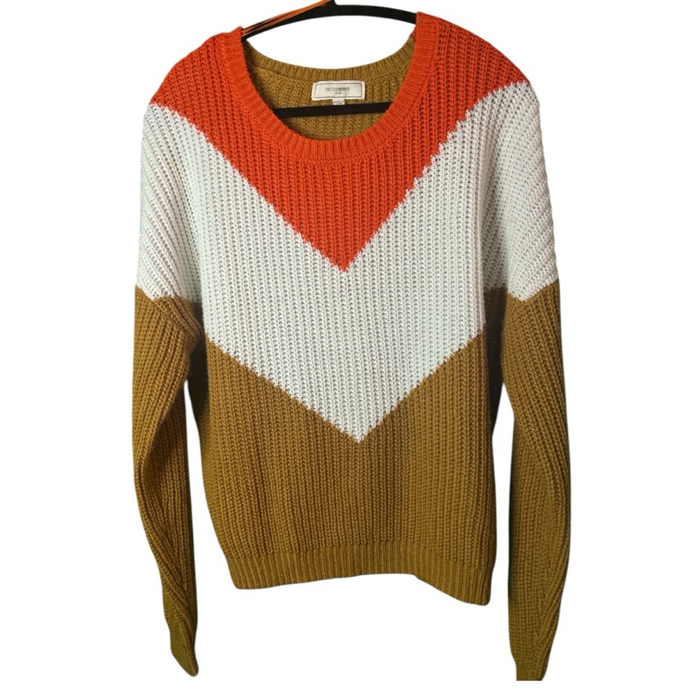 no comment Orange/White/Tan, cowlneck, L Slv, Fisherman Knit Sweater L